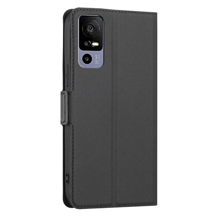 Para TCL 40R 5G Twill Texture Stand Card Holder Phone Case PU Leather Dual Magnetic Clasp Drop-proof Cover - Negro