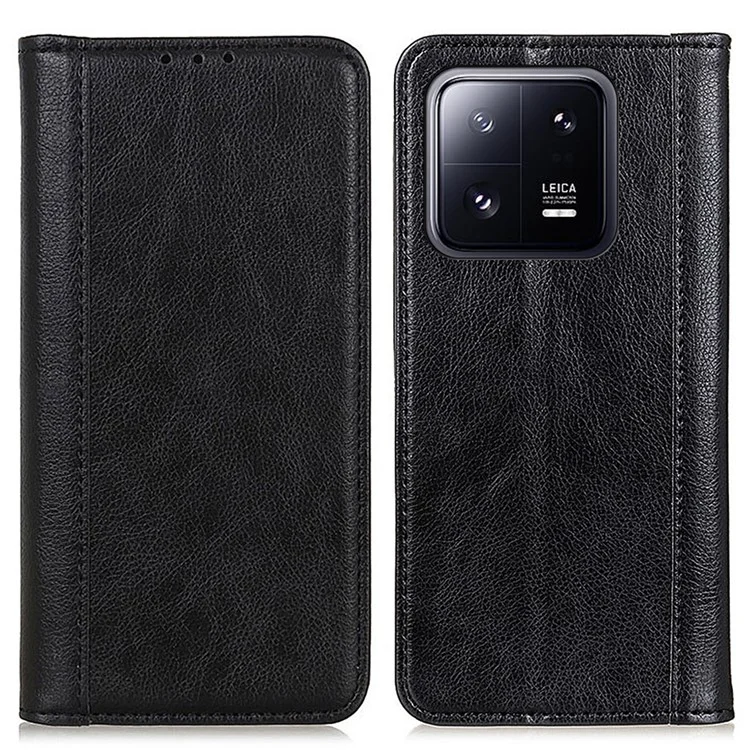 Для Xiaomi 13 5G Litchi Texture Split Leather Stand Phone Case Magnetic Auto-absorbed Folio Flip Walle Cover - Black