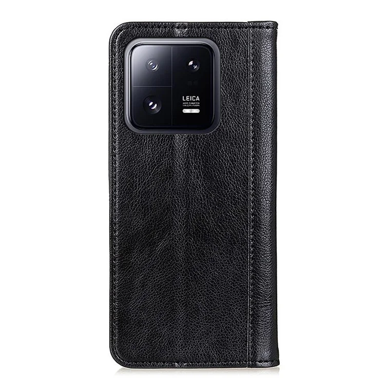 Для Xiaomi 13 5G Litchi Texture Split Leather Stand Phone Case Magnetic Auto-absorbed Folio Flip Walle Cover - Black