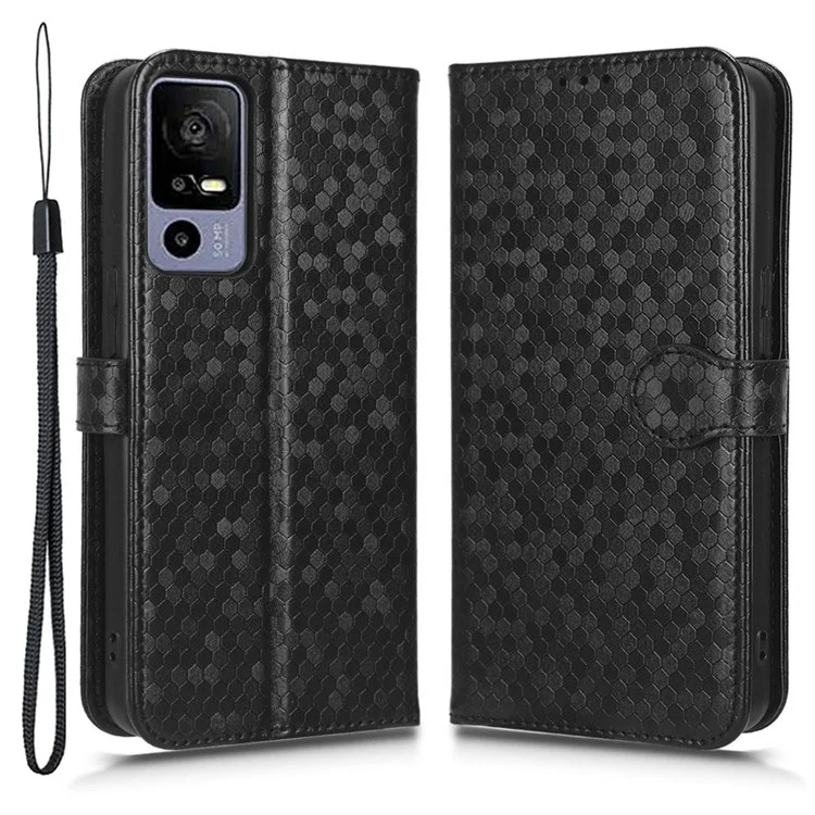 Para TCL 40R 5G Patrón de Punto Impreso Imprimido PU Cuero Flip Cover de la Billetera de la Billetera de la Billetera de la Caja Anti-drop Resistente a Los Rasguños Con Correa - Negro