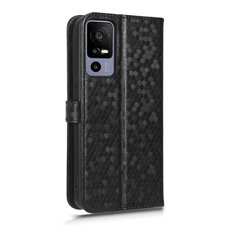Para TCL 40R 5G Patrón de Punto Impreso Imprimido PU Cuero Flip Cover de la Billetera de la Billetera de la Billetera de la Caja Anti-drop Resistente a Los Rasguños Con Correa - Negro