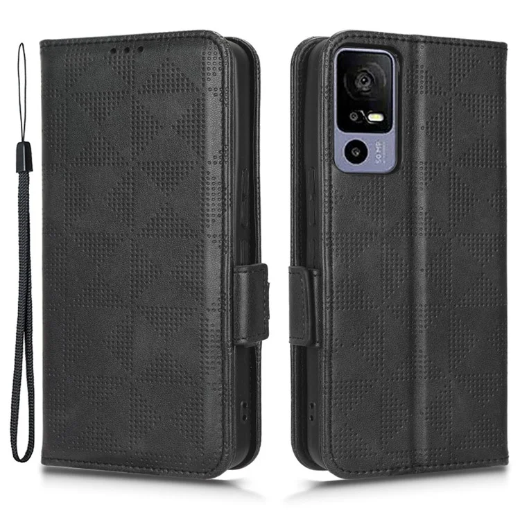For TCL 40R 5G Imprinted Triangle Pattern PU Leather Flip Phone Wallet Case Stand Anti-wear Smartphone Cover with Hand Strap - Black