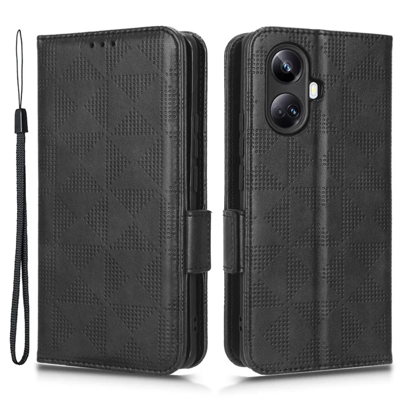 For Realme 10 Pro+ 5G PU Leather Wallet Flip Phone Case Imprinted Triangle Pattern Stand Shockproof Phone Cover with Wrist Strap - Black
