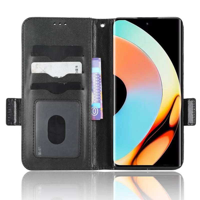 For Realme 10 Pro+ 5G PU Leather Wallet Flip Phone Case Imprinted Triangle Pattern Stand Shockproof Phone Cover with Wrist Strap - Black