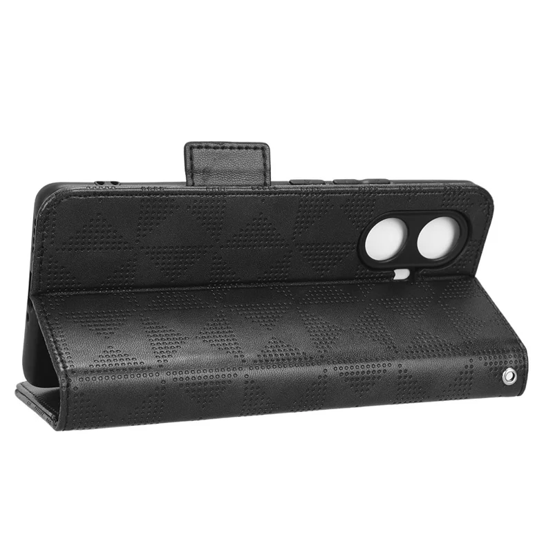 For Realme 10 Pro+ 5G PU Leather Wallet Flip Phone Case Imprinted Triangle Pattern Stand Shockproof Phone Cover with Wrist Strap - Black