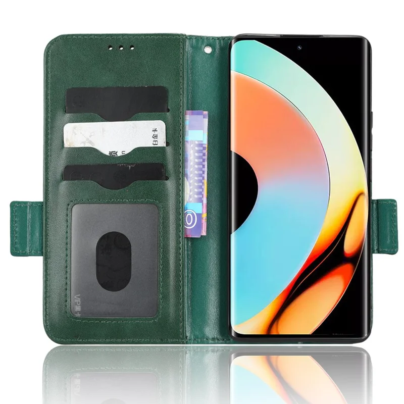 For Realme 10 Pro+ 5G PU Leather Wallet Flip Phone Case Imprinted Triangle Pattern Stand Shockproof Phone Cover with Wrist Strap - Green