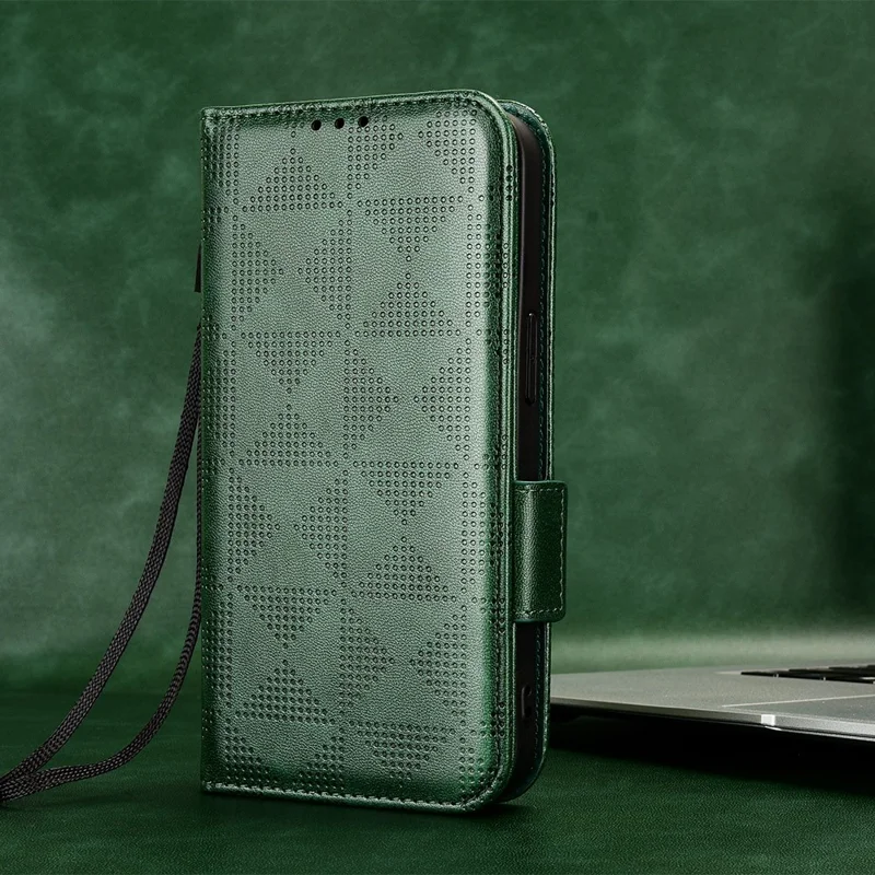 For Realme 10 Pro+ 5G PU Leather Wallet Flip Phone Case Imprinted Triangle Pattern Stand Shockproof Phone Cover with Wrist Strap - Green