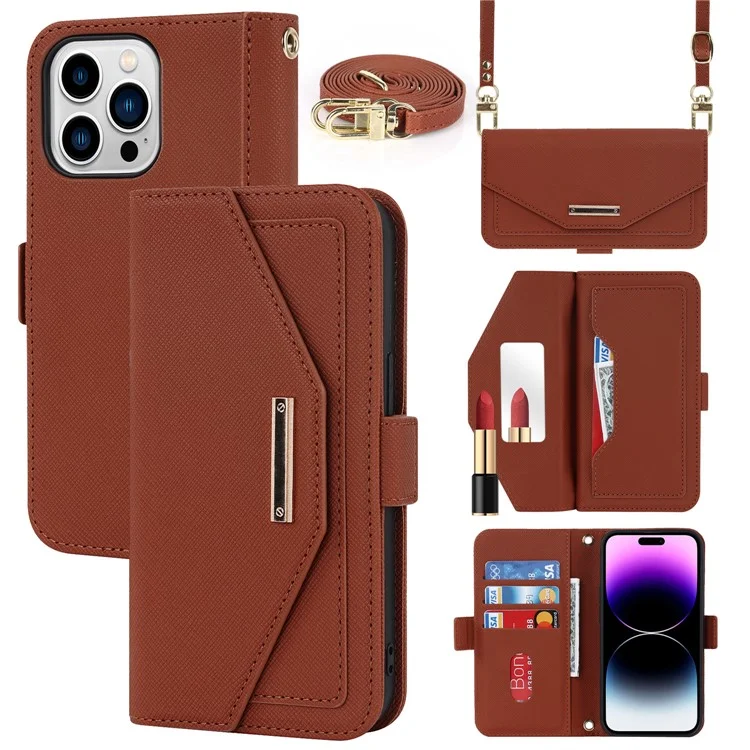 Anti-fall Phone Cover For iPhone 14 Pro Max Cross Texture PU Leather Flip Phone Case Stand Wallet with Inside Makeup Mirror and Shoulder Strap - Brown