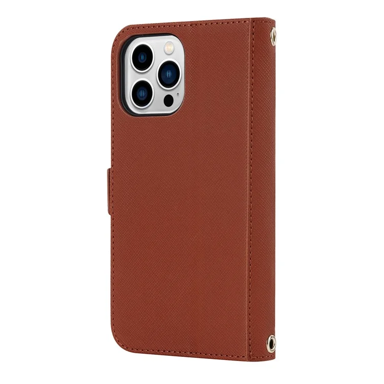 Anti-fall Phone Cover For iPhone 14 Pro Max Cross Texture PU Leather Flip Phone Case Stand Wallet with Inside Makeup Mirror and Shoulder Strap - Brown