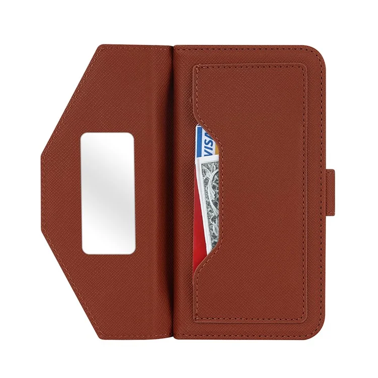 Anti-fall Phone Cover For iPhone 14 Pro Max Cross Texture PU Leather Flip Phone Case Stand Wallet with Inside Makeup Mirror and Shoulder Strap - Brown