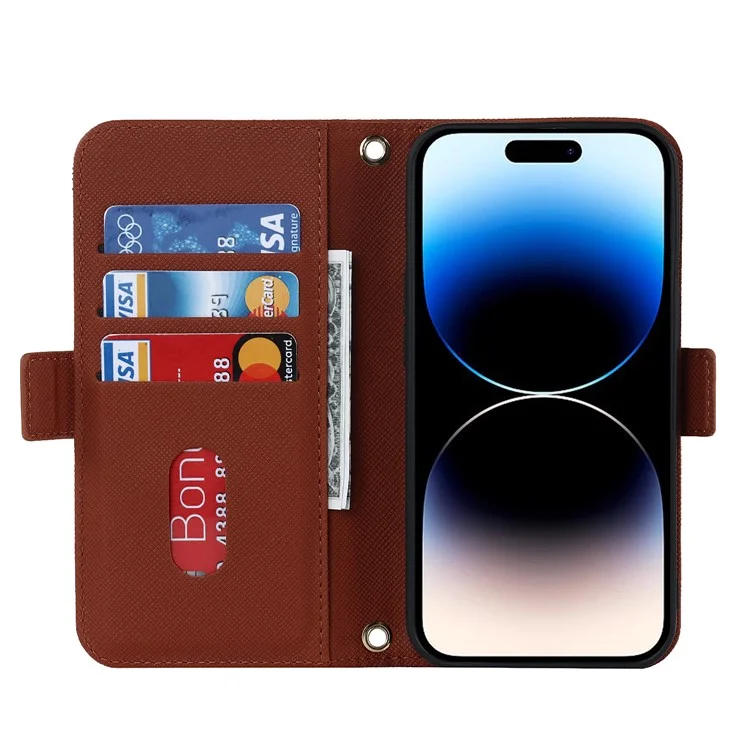 Anti-fall Phone Cover For iPhone 14 Pro Max Cross Texture PU Leather Flip Phone Case Stand Wallet with Inside Makeup Mirror and Shoulder Strap - Brown