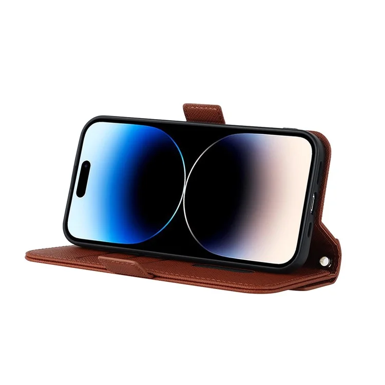 Anti-fall Phone Cover For iPhone 14 Pro Max Cross Texture PU Leather Flip Phone Case Stand Wallet with Inside Makeup Mirror and Shoulder Strap - Brown