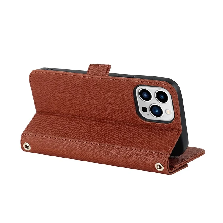 Anti-fall Phone Cover For iPhone 14 Pro Max Cross Texture PU Leather Flip Phone Case Stand Wallet with Inside Makeup Mirror and Shoulder Strap - Brown