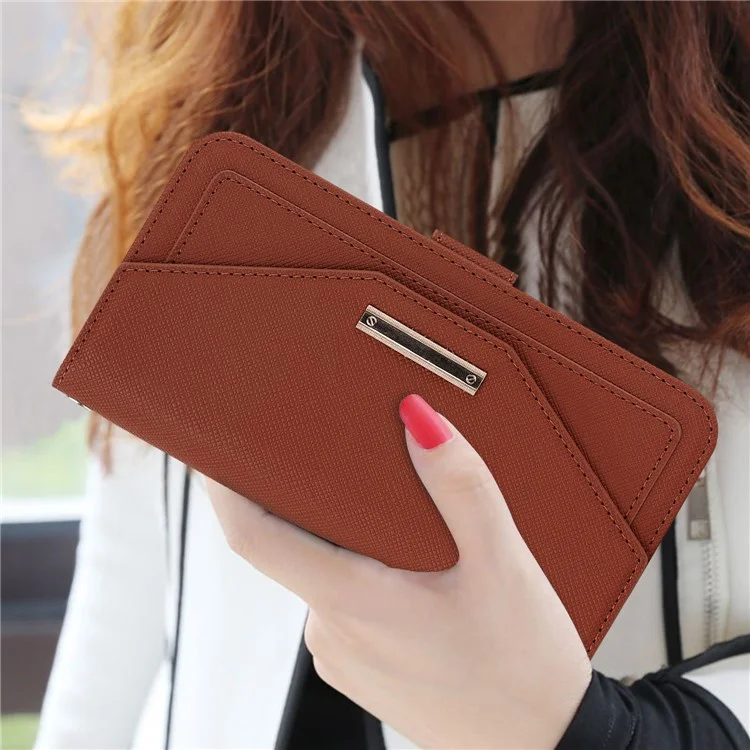 Anti-fall Phone Cover For iPhone 14 Pro Max Cross Texture PU Leather Flip Phone Case Stand Wallet with Inside Makeup Mirror and Shoulder Strap - Brown