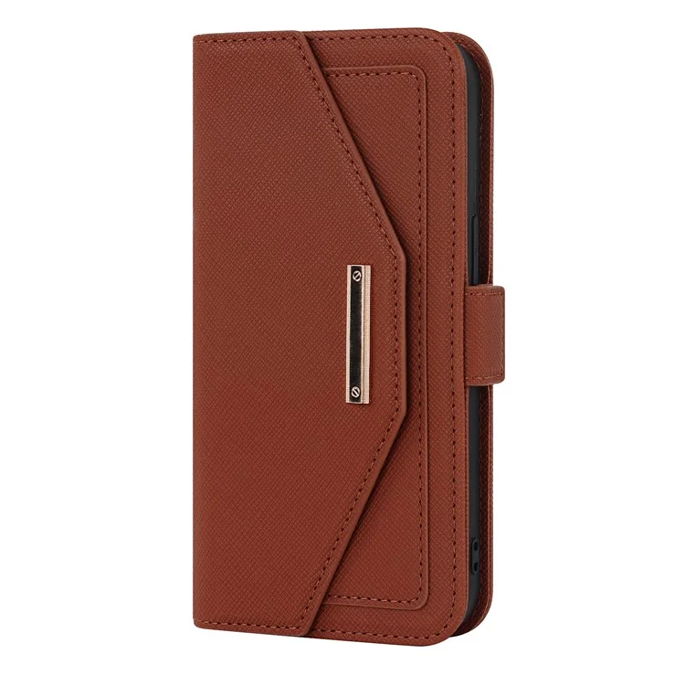Anti-fall Phone Cover For iPhone 14 Pro Max Cross Texture PU Leather Flip Phone Case Stand Wallet with Inside Makeup Mirror and Shoulder Strap - Brown