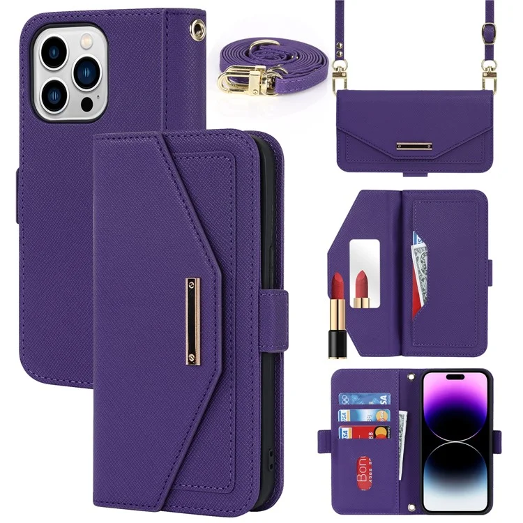 Anti-fall Phone Cover For iPhone 14 Pro Max Cross Texture PU Leather Flip Phone Case Stand Wallet with Inside Makeup Mirror and Shoulder Strap - Purple