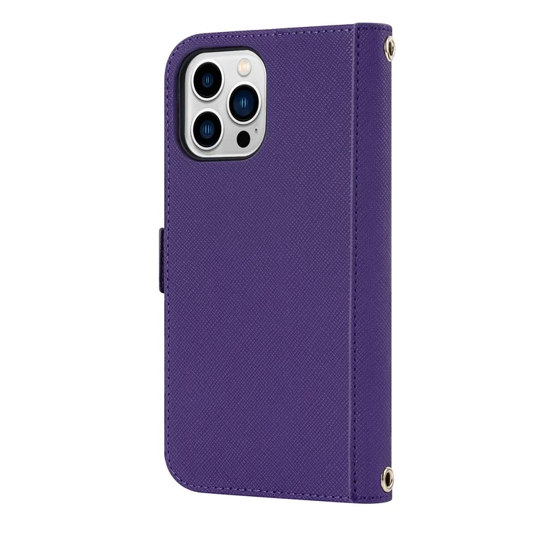 Anti-fall Phone Cover For iPhone 14 Pro Max Cross Texture PU Leather Flip Phone Case Stand Wallet with Inside Makeup Mirror and Shoulder Strap - Purple