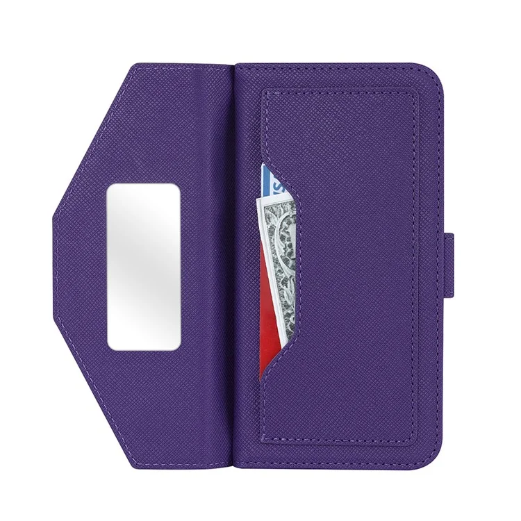 Anti-fall Phone Cover For iPhone 14 Pro Max Cross Texture PU Leather Flip Phone Case Stand Wallet with Inside Makeup Mirror and Shoulder Strap - Purple
