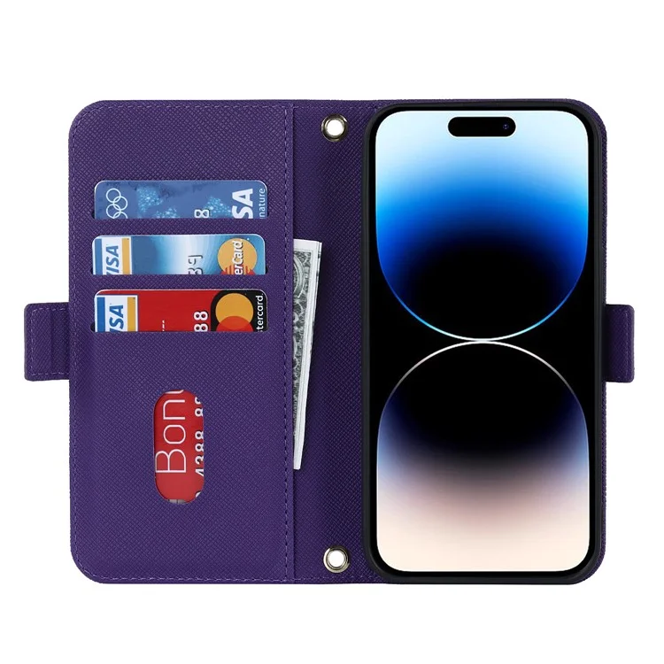 Anti-fall Phone Cover For iPhone 14 Pro Max Cross Texture PU Leather Flip Phone Case Stand Wallet with Inside Makeup Mirror and Shoulder Strap - Purple