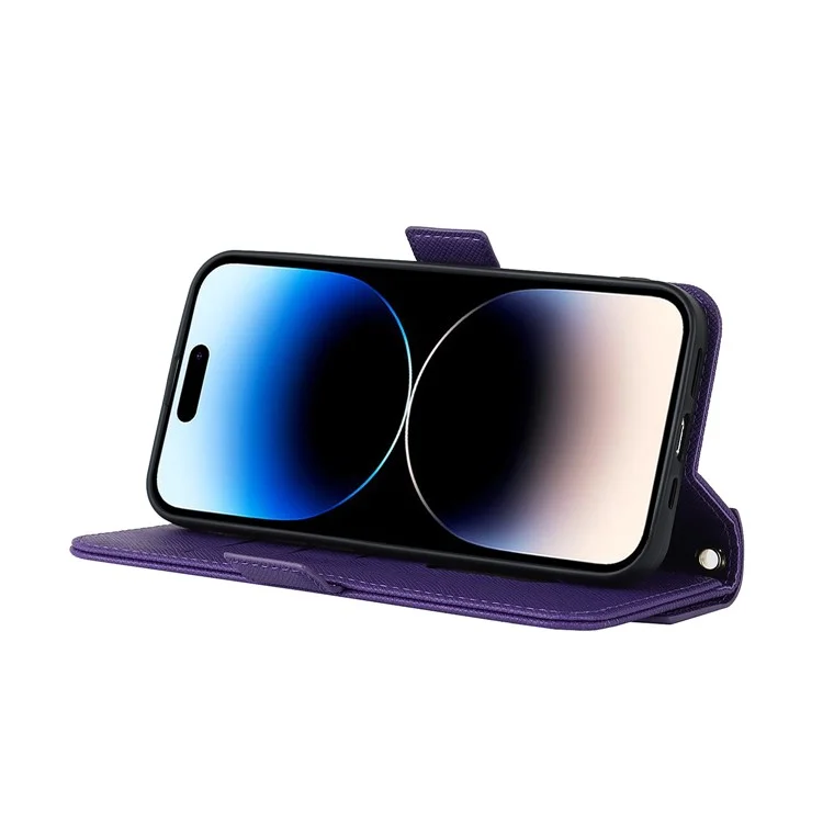 Anti-fall Phone Cover For iPhone 14 Pro Max Cross Texture PU Leather Flip Phone Case Stand Wallet with Inside Makeup Mirror and Shoulder Strap - Purple