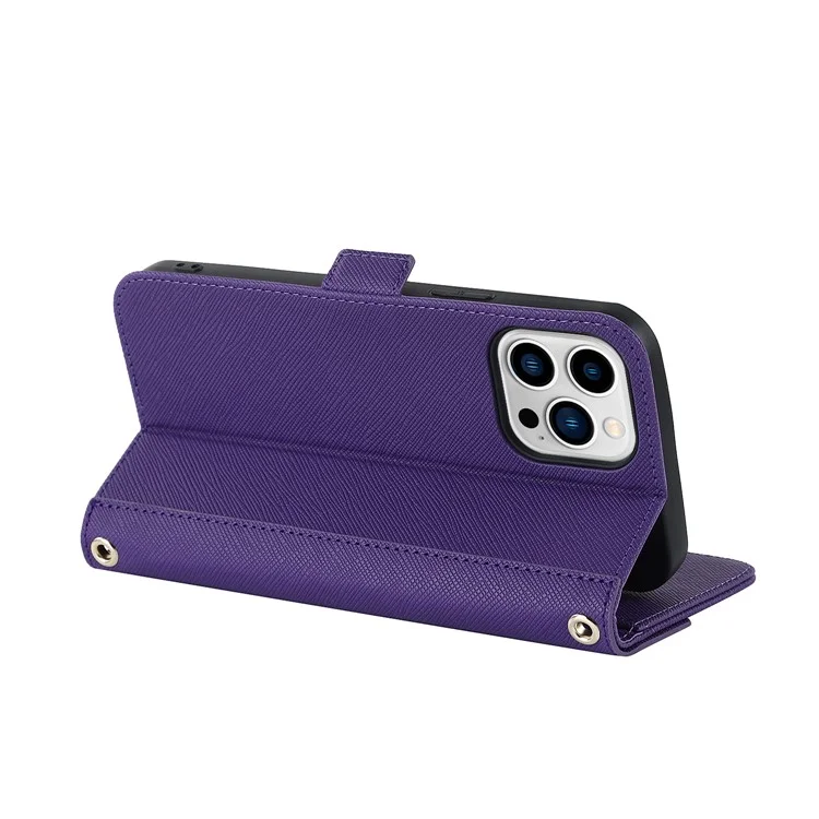 Anti-fall Phone Cover For iPhone 14 Pro Max Cross Texture PU Leather Flip Phone Case Stand Wallet with Inside Makeup Mirror and Shoulder Strap - Purple