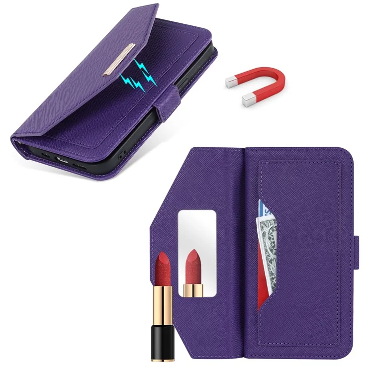 Anti-fall Phone Cover For iPhone 14 Pro Max Cross Texture PU Leather Flip Phone Case Stand Wallet with Inside Makeup Mirror and Shoulder Strap - Purple