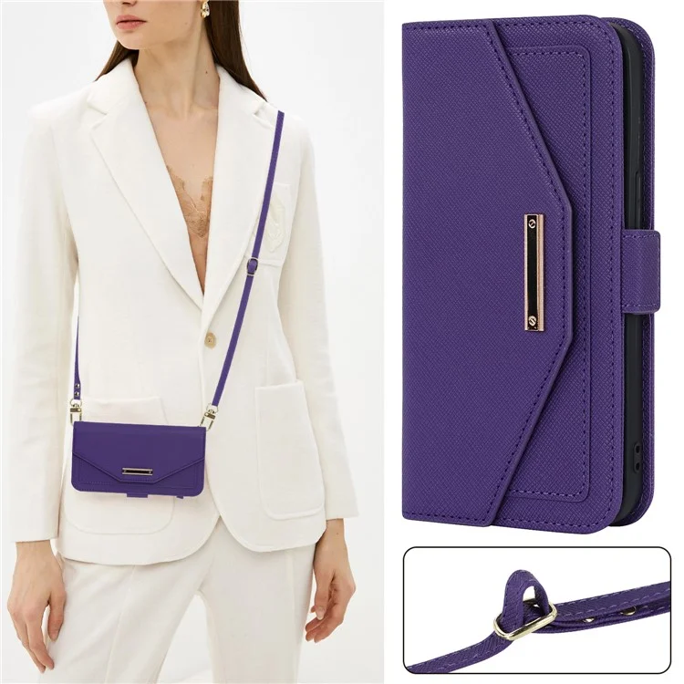 Anti-fall Phone Cover For iPhone 14 Pro Max Cross Texture PU Leather Flip Phone Case Stand Wallet with Inside Makeup Mirror and Shoulder Strap - Purple