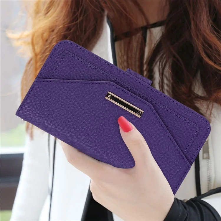Anti-fall Phone Cover For iPhone 14 Pro Max Cross Texture PU Leather Flip Phone Case Stand Wallet with Inside Makeup Mirror and Shoulder Strap - Purple