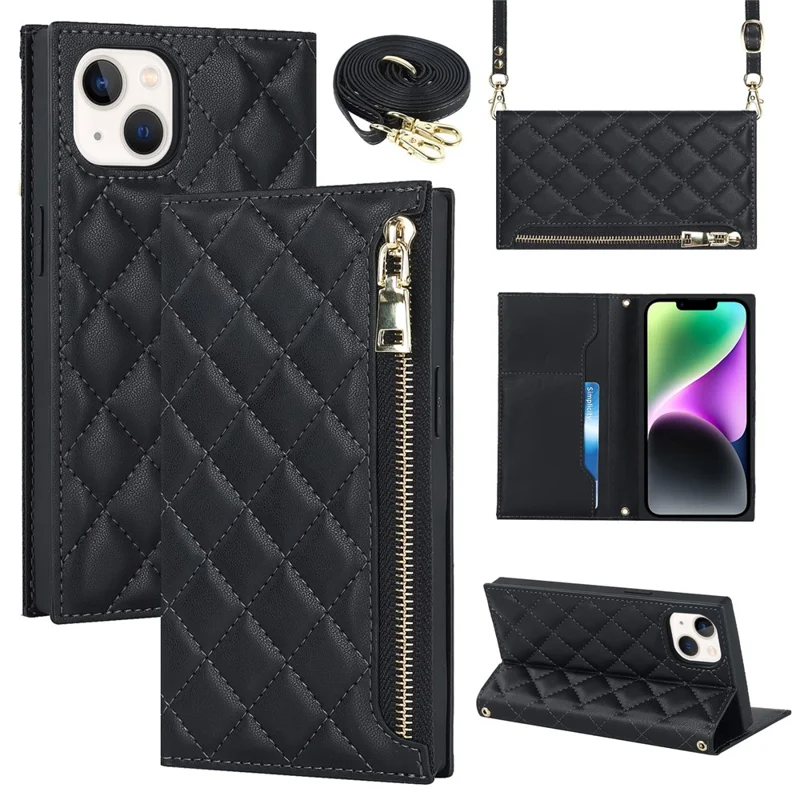 For iPhone 14 Rhombus Imprinted Phone Case PU Leather Zipper Pocket Wallet Stand Drop-proof Flip Phone Cover with Shoulder Strap - Black