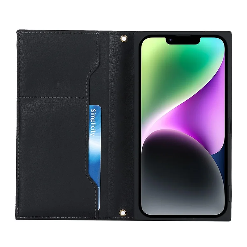 For iPhone 14 Rhombus Imprinted Phone Case PU Leather Zipper Pocket Wallet Stand Drop-proof Flip Phone Cover with Shoulder Strap - Black