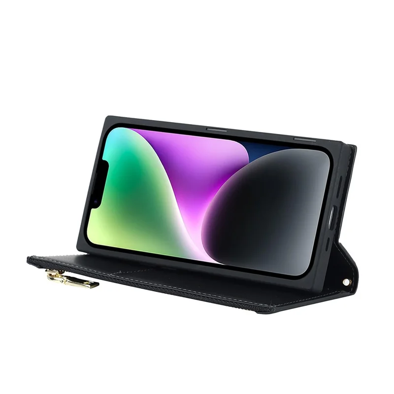 For iPhone 14 Rhombus Imprinted Phone Case PU Leather Zipper Pocket Wallet Stand Drop-proof Flip Phone Cover with Shoulder Strap - Black
