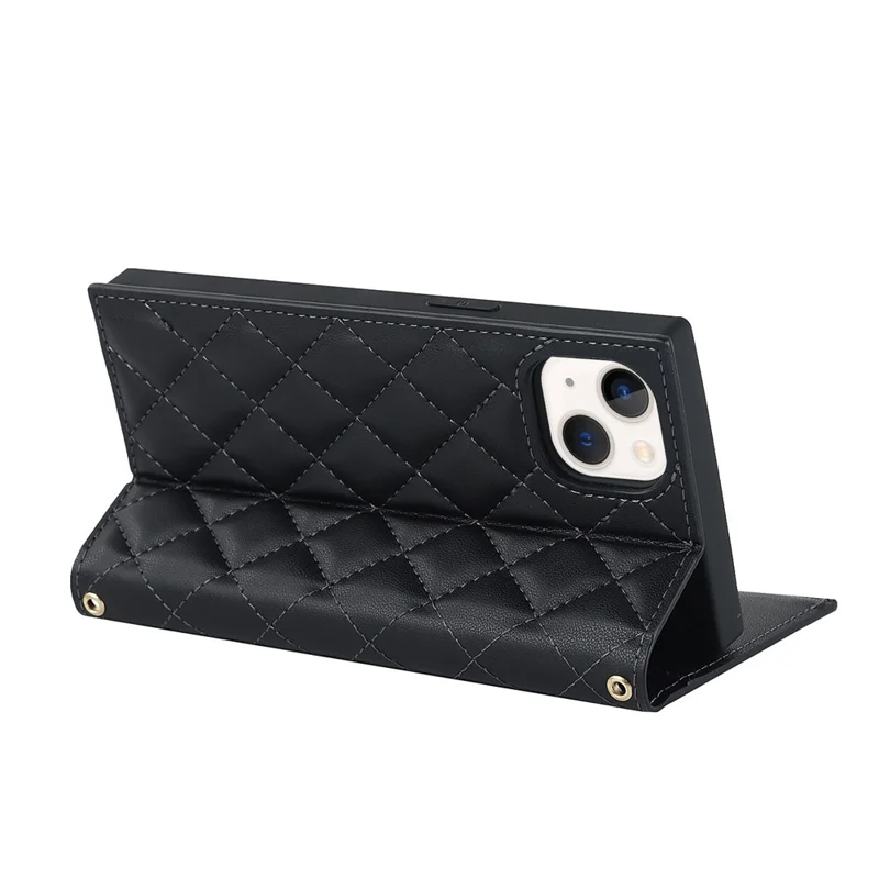 For iPhone 14 Rhombus Imprinted Phone Case PU Leather Zipper Pocket Wallet Stand Drop-proof Flip Phone Cover with Shoulder Strap - Black