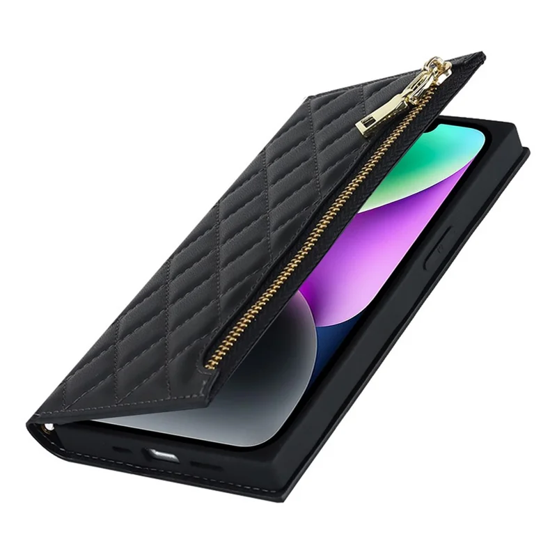 For iPhone 14 Rhombus Imprinted Phone Case PU Leather Zipper Pocket Wallet Stand Drop-proof Flip Phone Cover with Shoulder Strap - Black