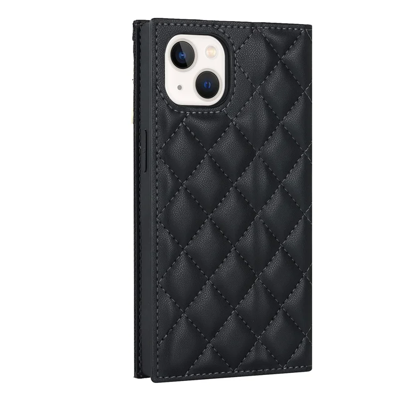 For iPhone 14 Rhombus Imprinted Phone Case PU Leather Zipper Pocket Wallet Stand Drop-proof Flip Phone Cover with Shoulder Strap - Black