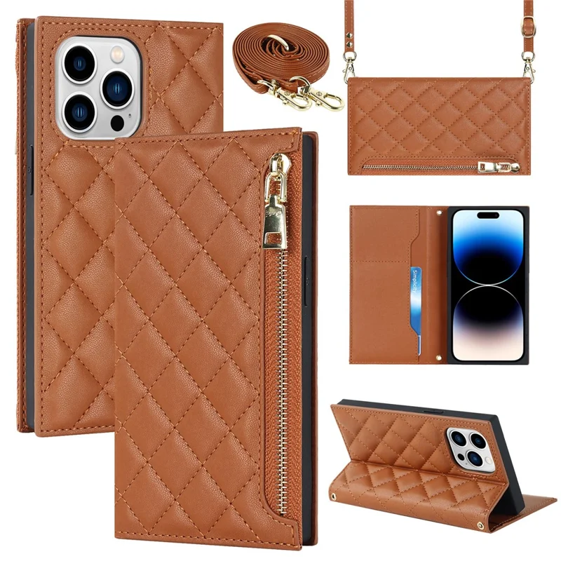 Cell Phone Cover For iPhone 14 Pro, PU Leather Zipper Pocket Wallet Stand Protective  Rhombus Imprinted Phone Case with Shoulder Strap - Brown