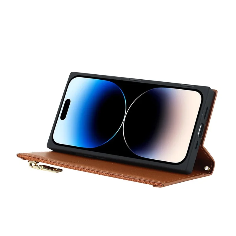 Cell Phone Cover For iPhone 14 Pro, PU Leather Zipper Pocket Wallet Stand Protective  Rhombus Imprinted Phone Case with Shoulder Strap - Brown