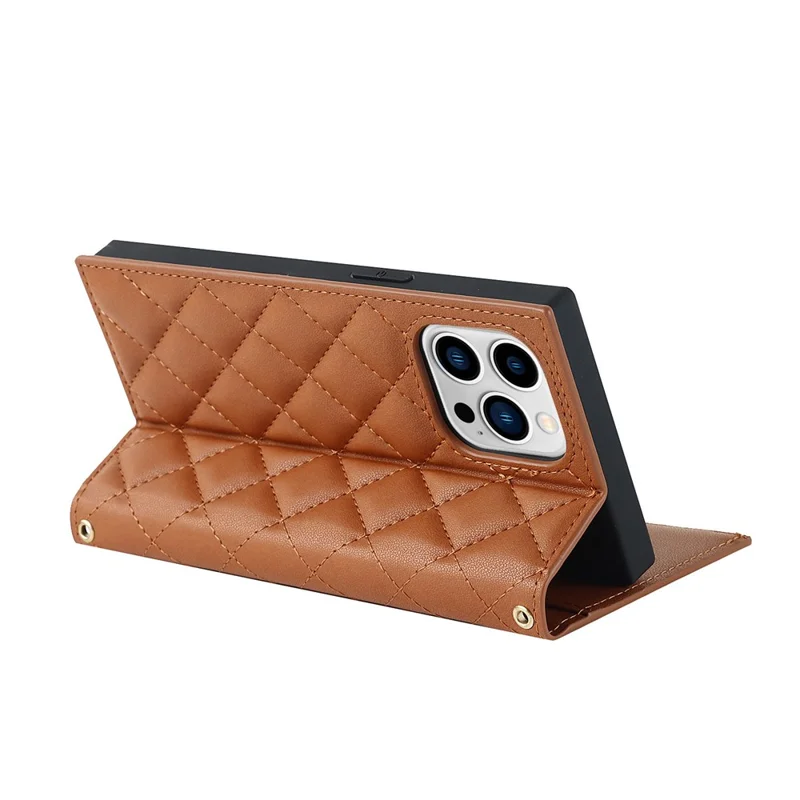 Cell Phone Cover For iPhone 14 Pro, PU Leather Zipper Pocket Wallet Stand Protective  Rhombus Imprinted Phone Case with Shoulder Strap - Brown