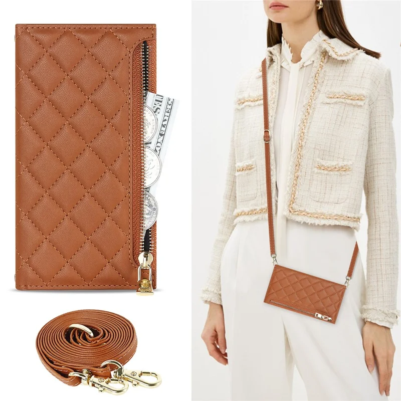 Cell Phone Cover For iPhone 14 Pro, PU Leather Zipper Pocket Wallet Stand Protective  Rhombus Imprinted Phone Case with Shoulder Strap - Brown