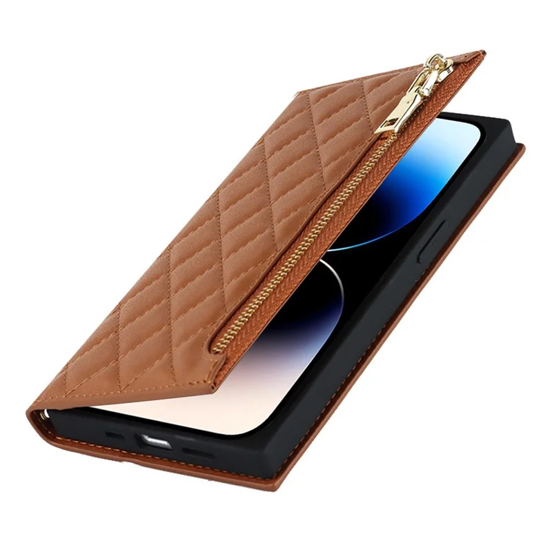 Cell Phone Cover For iPhone 14 Pro, PU Leather Zipper Pocket Wallet Stand Protective  Rhombus Imprinted Phone Case with Shoulder Strap - Brown