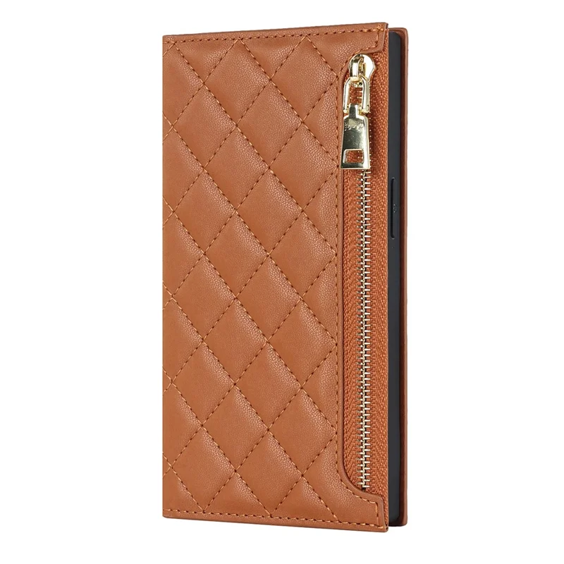 Cell Phone Cover For iPhone 14 Pro, PU Leather Zipper Pocket Wallet Stand Protective  Rhombus Imprinted Phone Case with Shoulder Strap - Brown