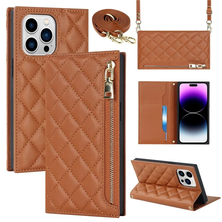 Für Iphone 14 Pro Max Imprinted Rhombus Textur PU Leder Reißverschluss Pocket Phone Hülle Walletänder Vollschutz Flip Telefonabdeckung Mit Langem Riemen - Braun