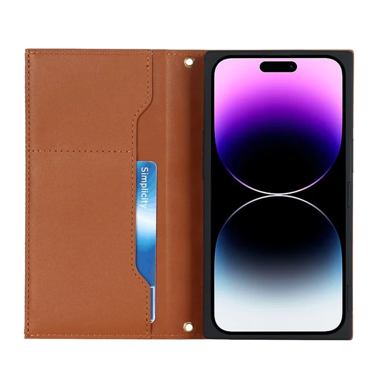 Für Iphone 14 Pro Max Imprinted Rhombus Textur PU Leder Reißverschluss Pocket Phone Hülle Walletänder Vollschutz Flip Telefonabdeckung Mit Langem Riemen - Braun
