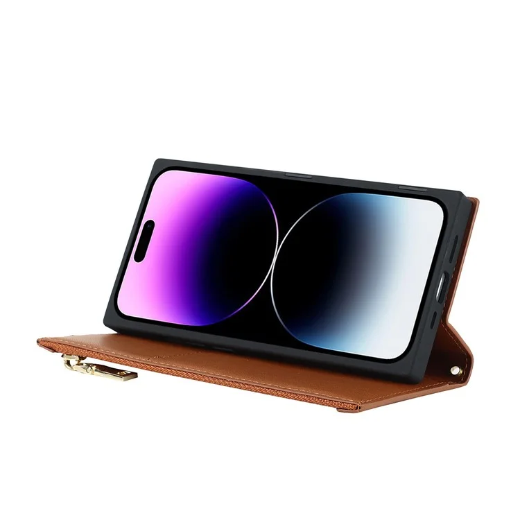 Für Iphone 14 Pro Max Imprinted Rhombus Textur PU Leder Reißverschluss Pocket Phone Hülle Walletänder Vollschutz Flip Telefonabdeckung Mit Langem Riemen - Braun