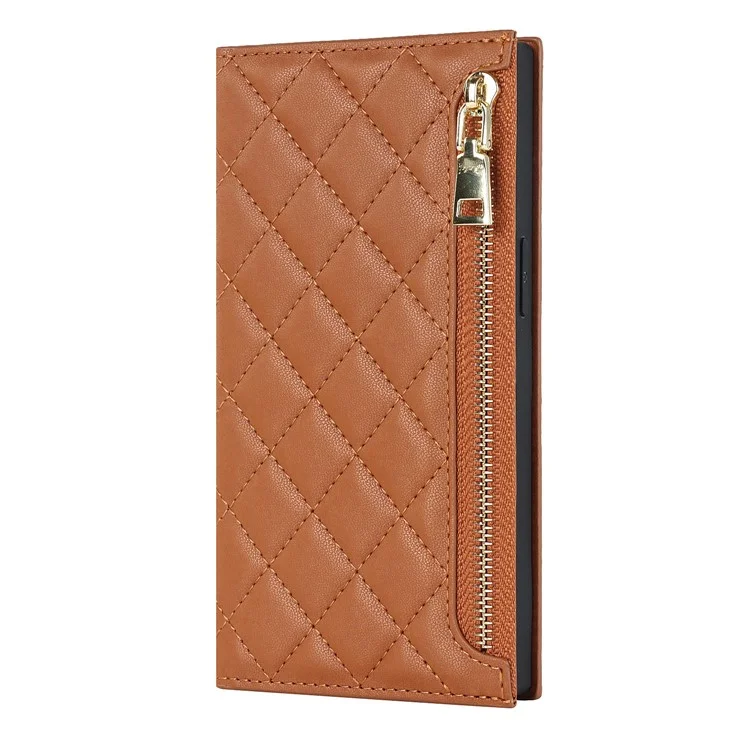 Für Iphone 14 Pro Max Imprinted Rhombus Textur PU Leder Reißverschluss Pocket Phone Hülle Walletänder Vollschutz Flip Telefonabdeckung Mit Langem Riemen - Braun