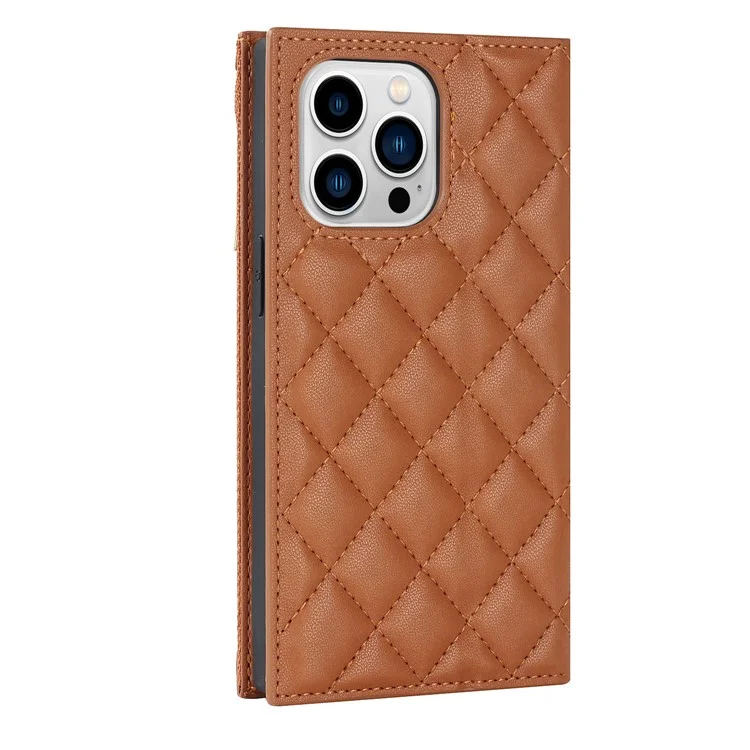 Für Iphone 14 Pro Max Imprinted Rhombus Textur PU Leder Reißverschluss Pocket Phone Hülle Walletänder Vollschutz Flip Telefonabdeckung Mit Langem Riemen - Braun