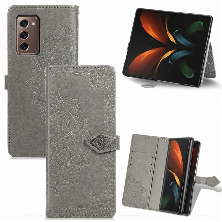 For Samsung Galaxy Z Fold2 5G Mandala Pattern Embossed PU Leather Wallet Folio Case Stand Shockproof Protection Cover with Strap - Grey