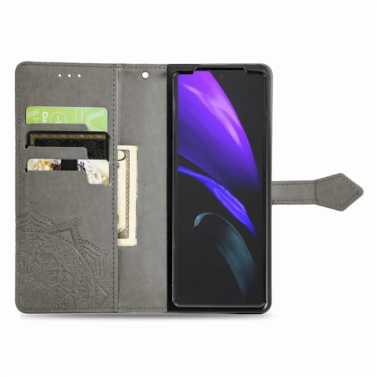 For Samsung Galaxy Z Fold2 5G Mandala Pattern Embossed PU Leather Wallet Folio Case Stand Shockproof Protection Cover with Strap - Grey