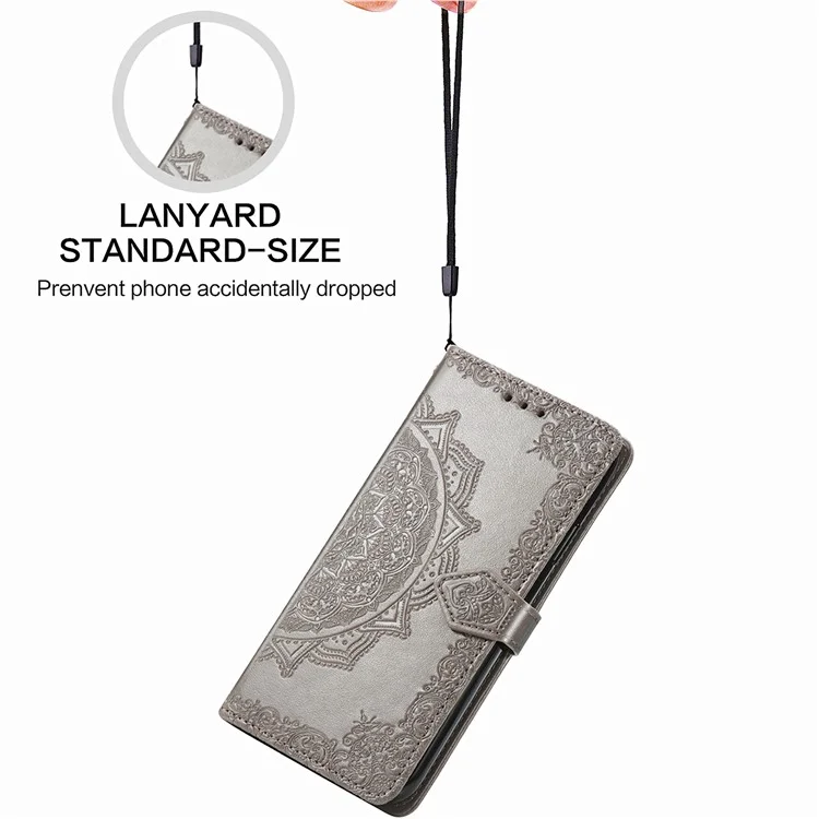 For Samsung Galaxy Z Fold2 5G Mandala Pattern Embossed PU Leather Wallet Folio Case Stand Shockproof Protection Cover with Strap - Grey