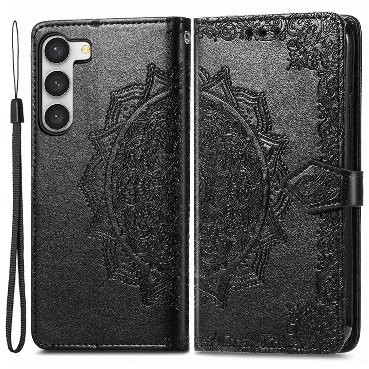 Para Samsung Galaxy S23 Mandala Pattern Embossed PU Wallet Folio Case Stand Shockproof Protection Cover with Strap - Negro