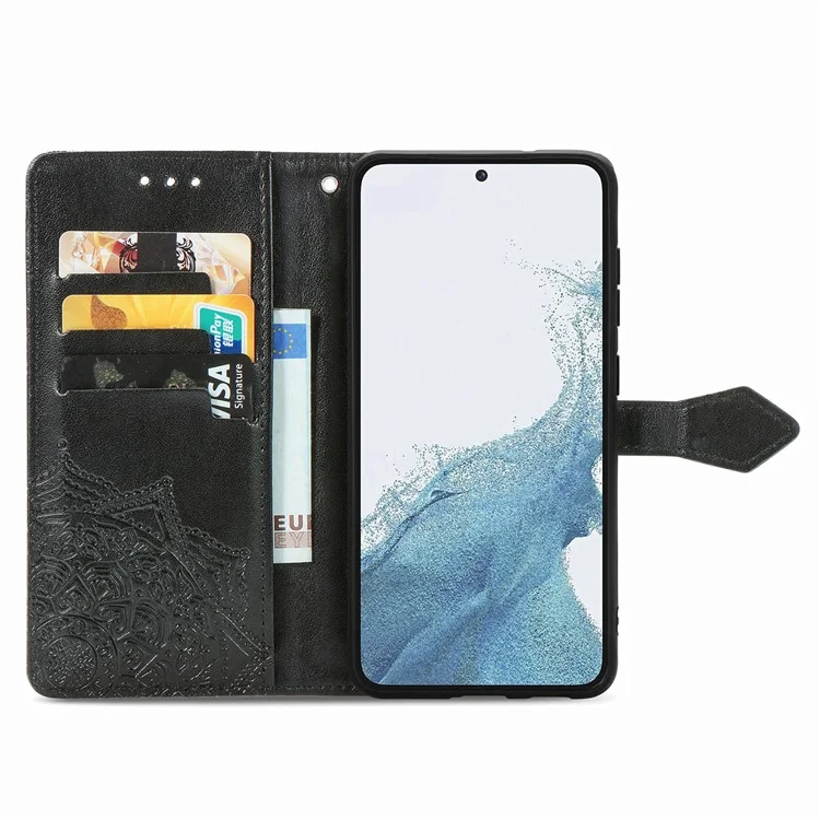 Para Samsung Galaxy S23 Mandala Pattern Embossed PU Wallet Folio Case Stand Shockproof Protection Cover with Strap - Negro